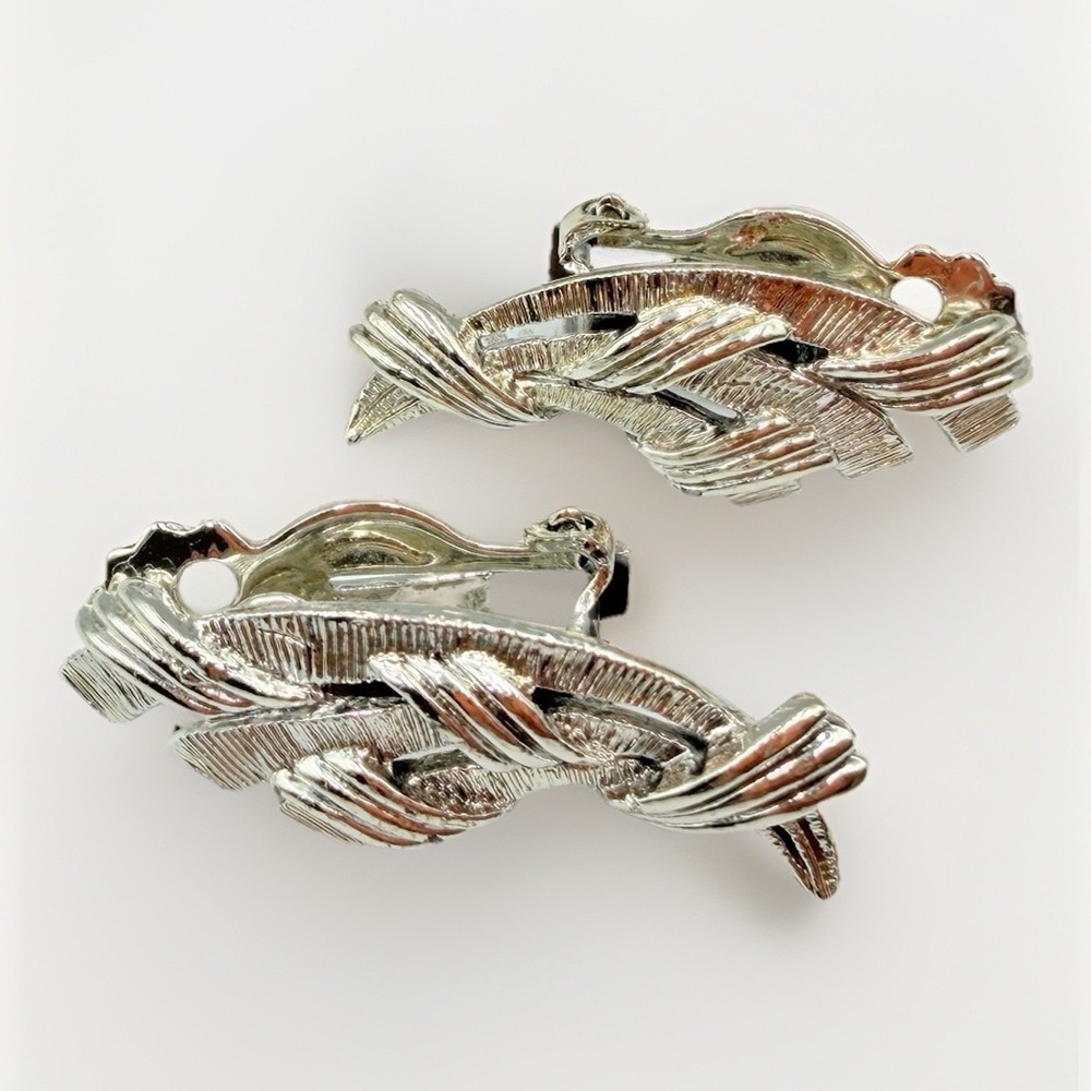 Vintage Silver Tone Leaf‎ Clip On Earrings Mid Century Modern Minimalist